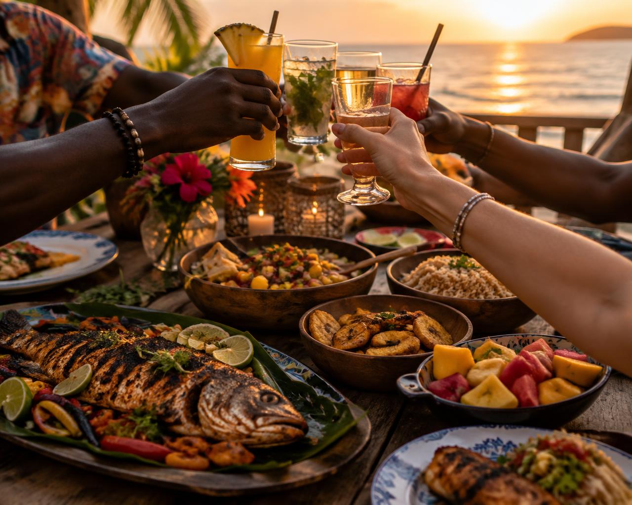 Bons moments autour d'une table généreuse au coucher du soleil